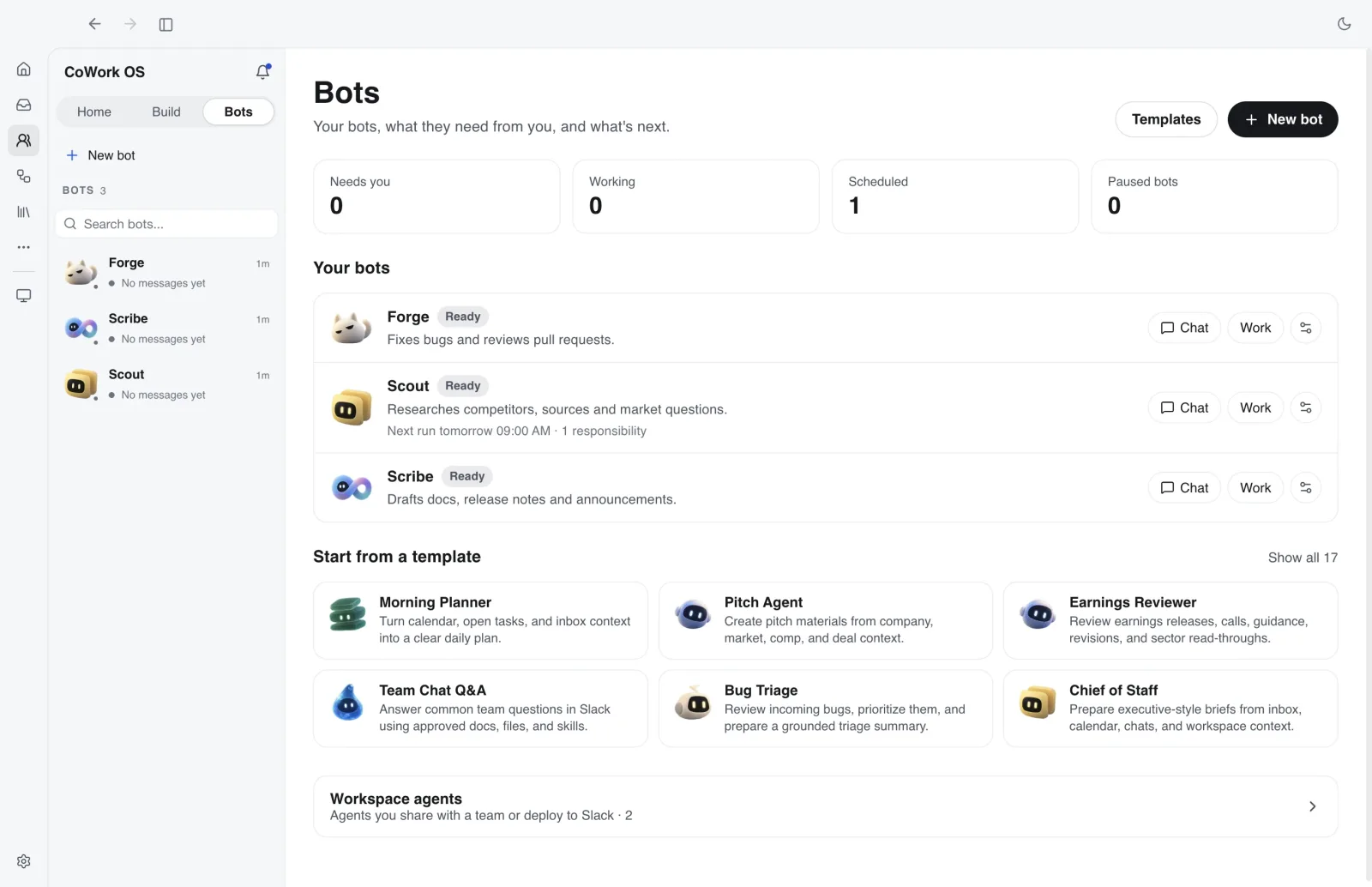 CoWork Bots page listing bots and scheduled responsibilities
