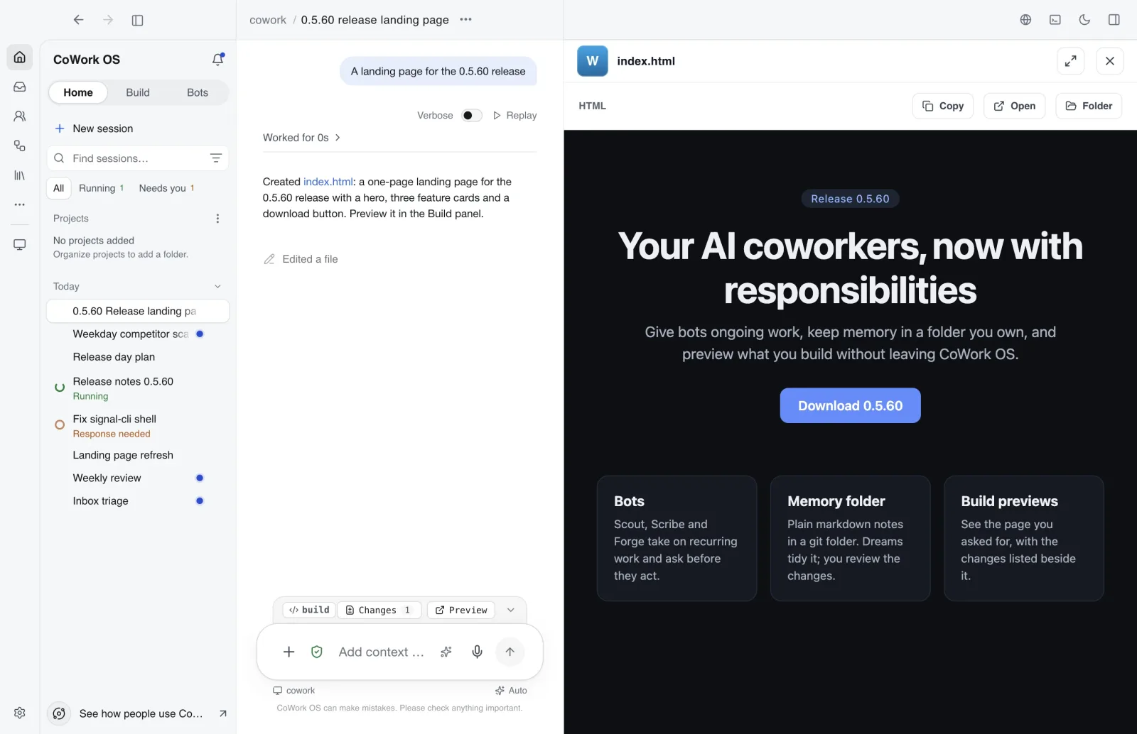 CoWork Build session with a live preview beside the conversation