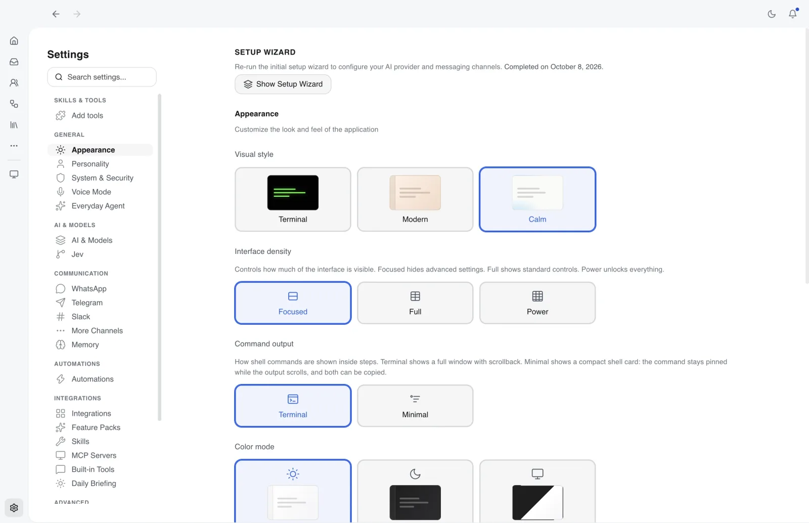 CoWork OS Appearance settings with the Calm style selected