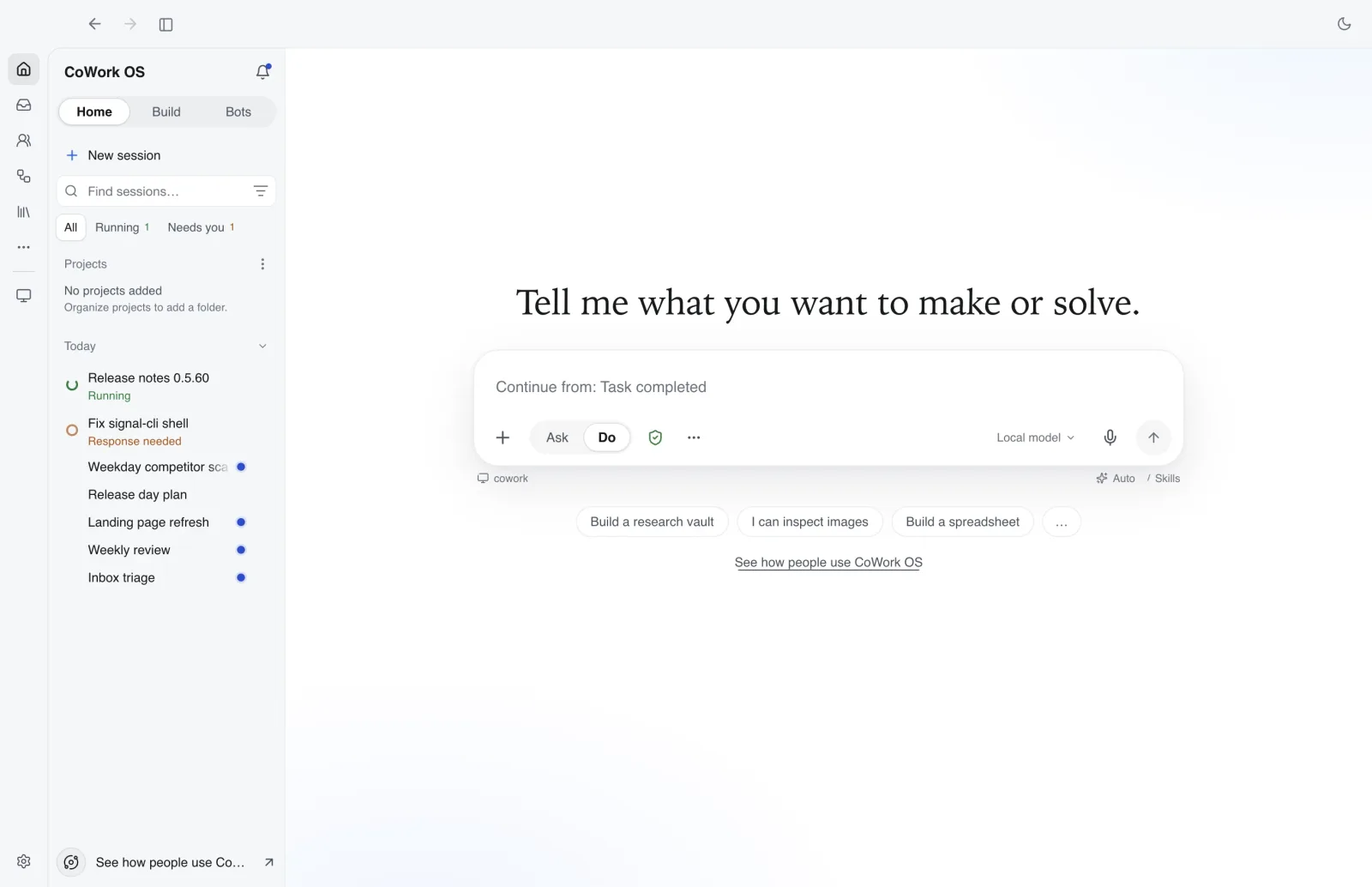 CoWork OS home in the Calm style with the sidebar and task composer