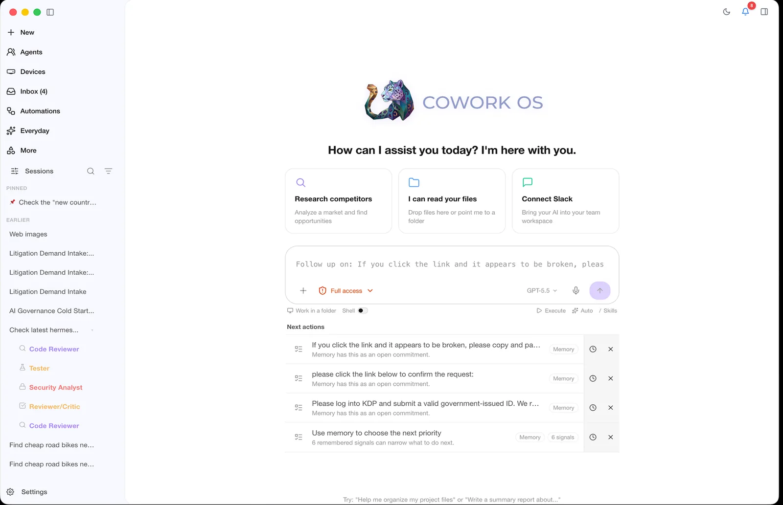 Cowork OS start screen with suggested workflows and task input