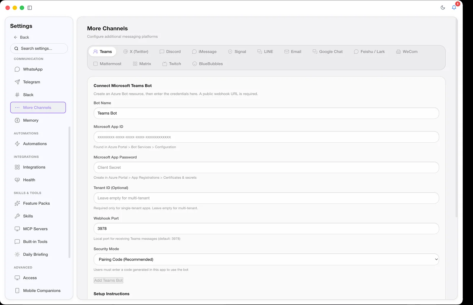 CoWork OS channel settings
