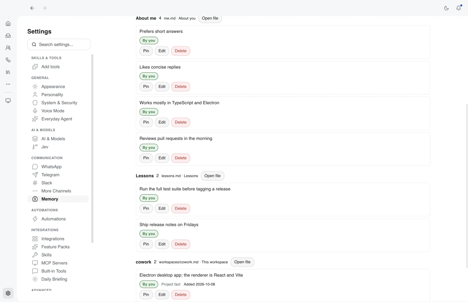 CoWork OS memory notes in Settings