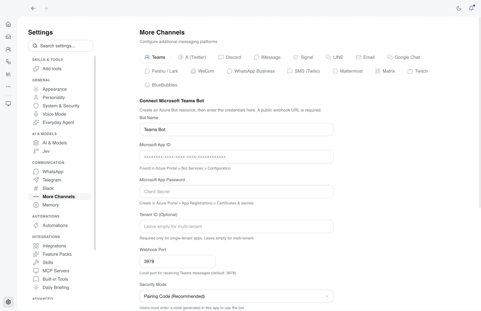CoWork OS messaging channel setup