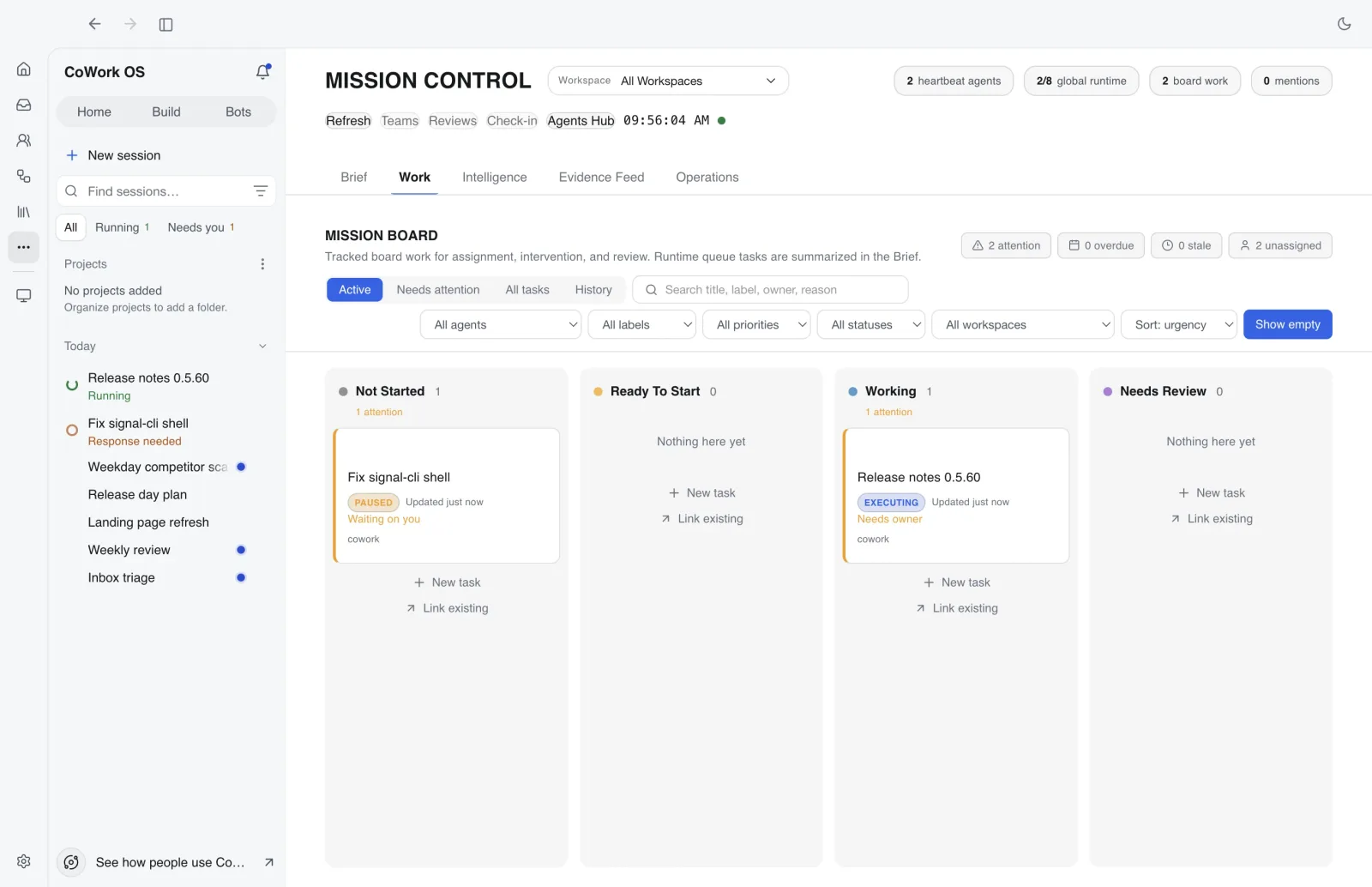 CoWork OS Mission Control board with agent tasks