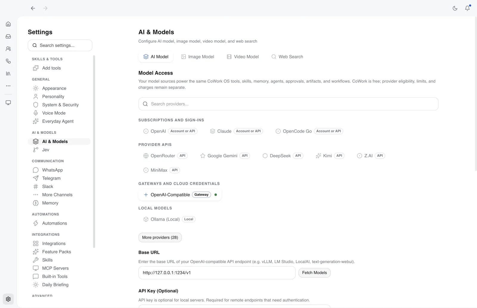 CoWork OS AI model provider settings