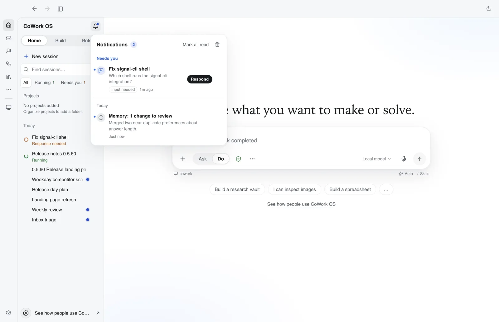 CoWork OS sidebar with session filters and the notifications panel